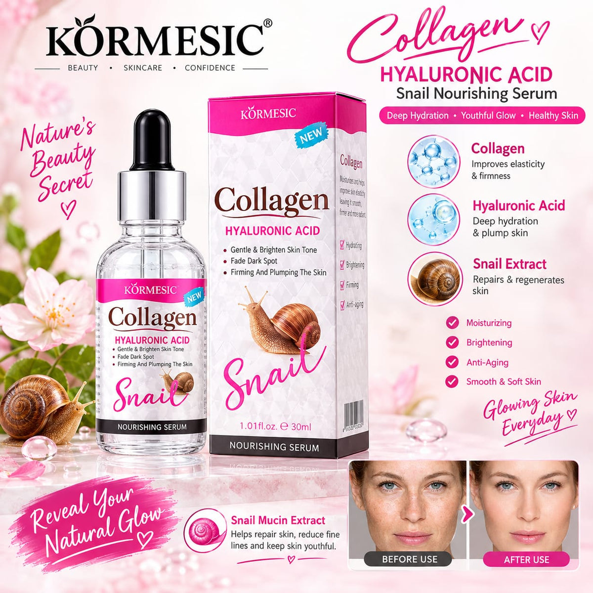 KÖRMESIC Collagen + Hyaluronic Acid Snail Nourishing Serum – Firming & Plumping Age Defense (30ml)