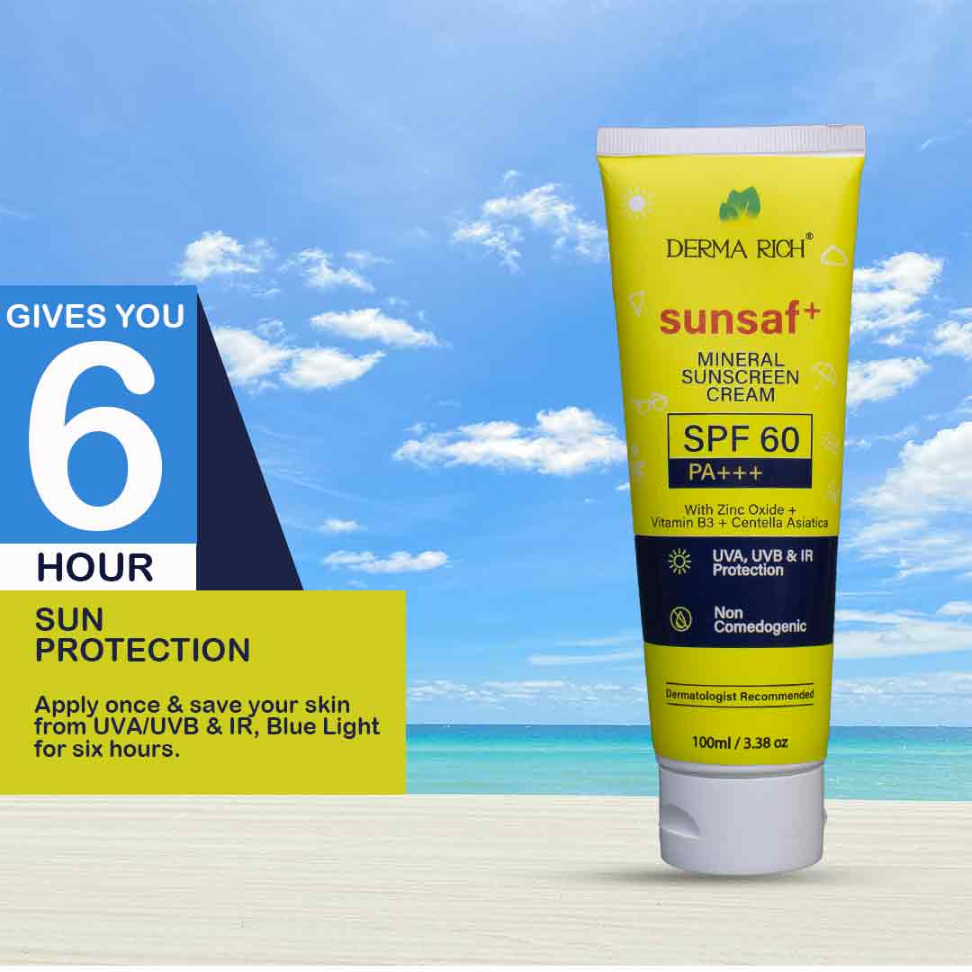 Derma Rich Sunsaf+ Mineral Sunscreen Cream - 100ml | SPF 60 PA+++ Broad Spectrum Protection