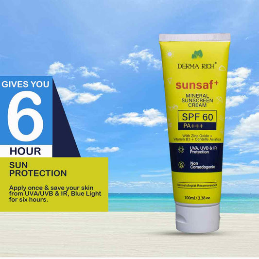 Derma Rich Sunsaf+ Mineral Sunscreen Cream - 100ml | SPF 60 PA+++ Broad Spectrum Protection