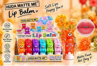 Huda Matte Me Lip Balm – 24 Pieces Set | Cute Bear Keychain | Moisturizing & Long-Lasting Lip Balm