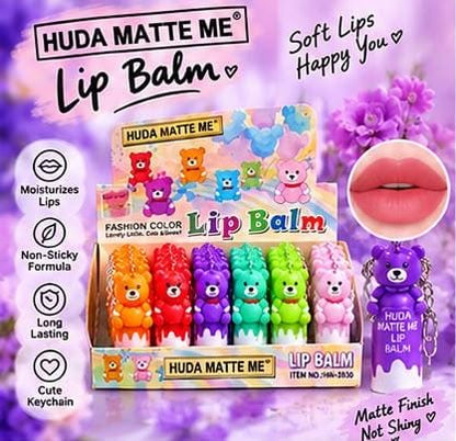 Huda Matte Me Lip Balm – 24 Pieces Set | Cute Bear Keychain | Moisturizing & Long-Lasting Lip Balm