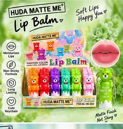 Huda Matte Me Lip Balm – 24 Pieces Set | Cute Bear Keychain | Moisturizing & Long-Lasting Lip Balm