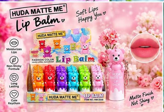Huda Matte Me Lip Balm – 24 Pieces Set | Cute Bear Keychain | Moisturizing & Long-Lasting Lip Balm