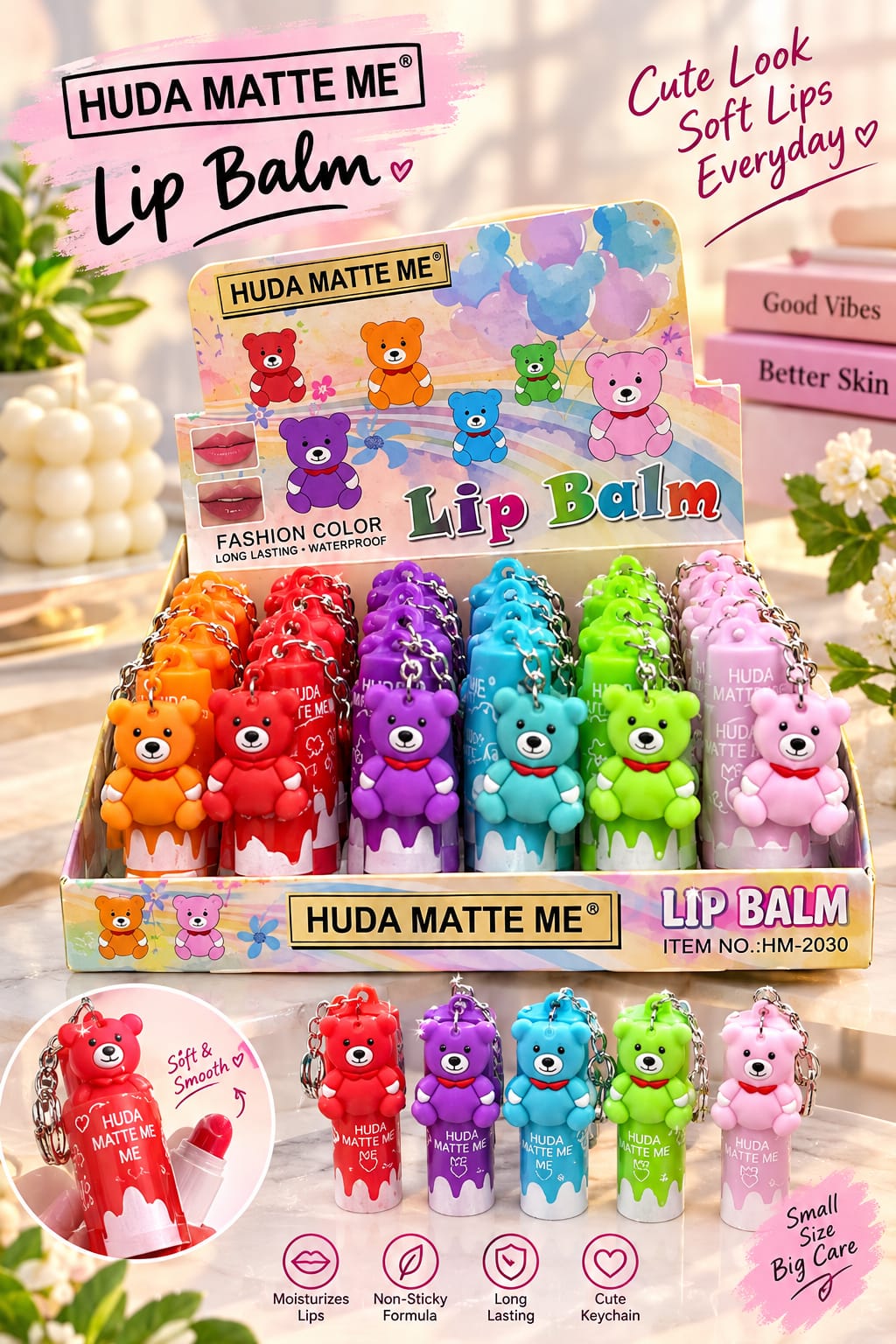 Huda Matte Me Lip Balm – 24 Pieces Set | Cute Bear Keychain | Moisturizing & Long-Lasting Lip Balm