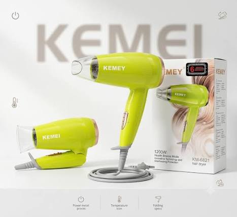 KEMEY KM-6821 Professional Hair Dryer – 1200W Compact Blow Dryer with Health Breeze Mode & Overheating Protection