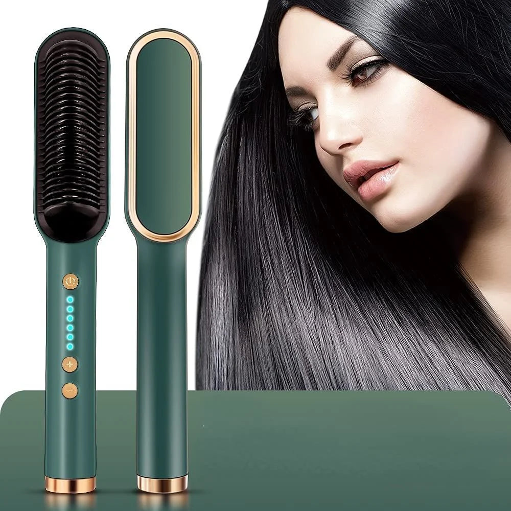 FH909 Professional Electric Hair Straightener Brush – 2-in-1 Fast Heating Temperature Control Straightening Comb for Women